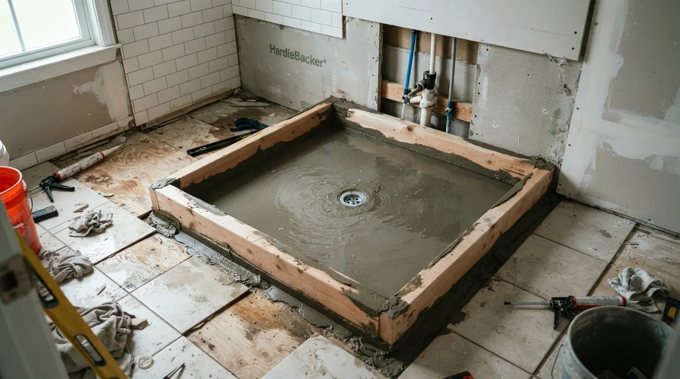 New shower drain and flood-tested pan after a tub removal