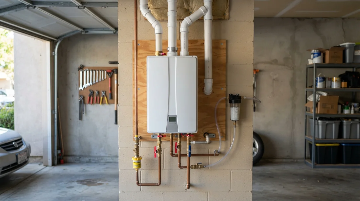 Condensing tankless water heater installed in a San Jose garage