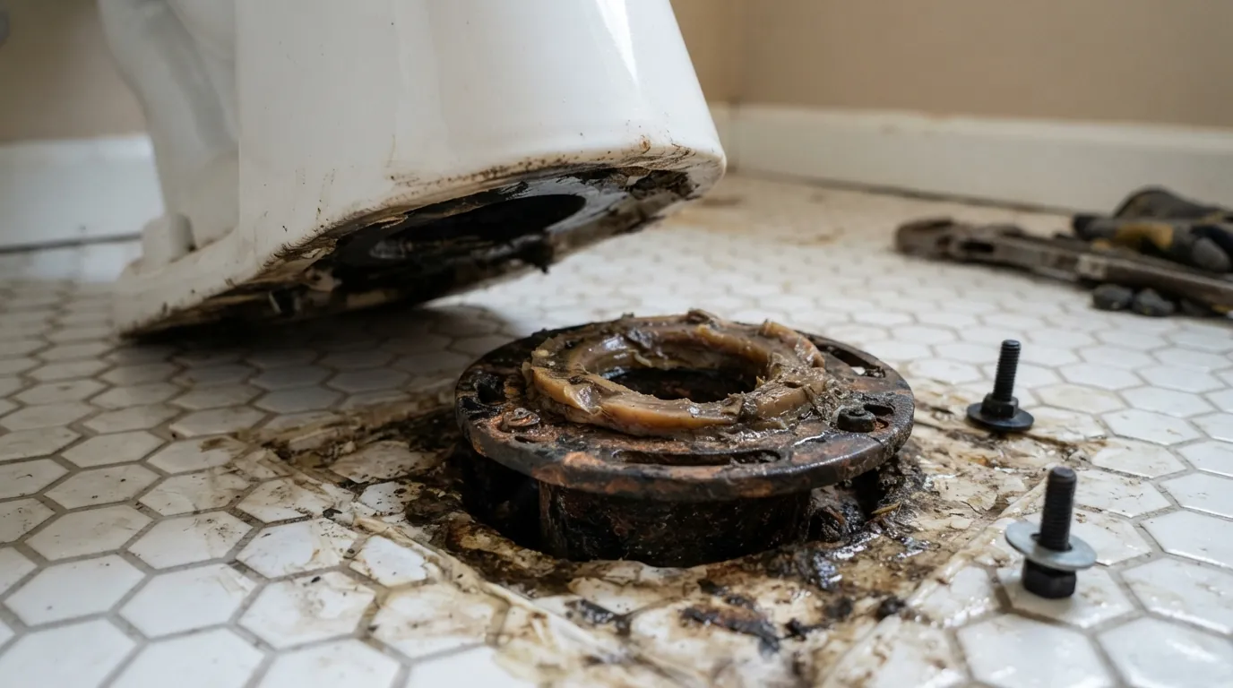 Old wax ring and cast iron flange under a removed toilet