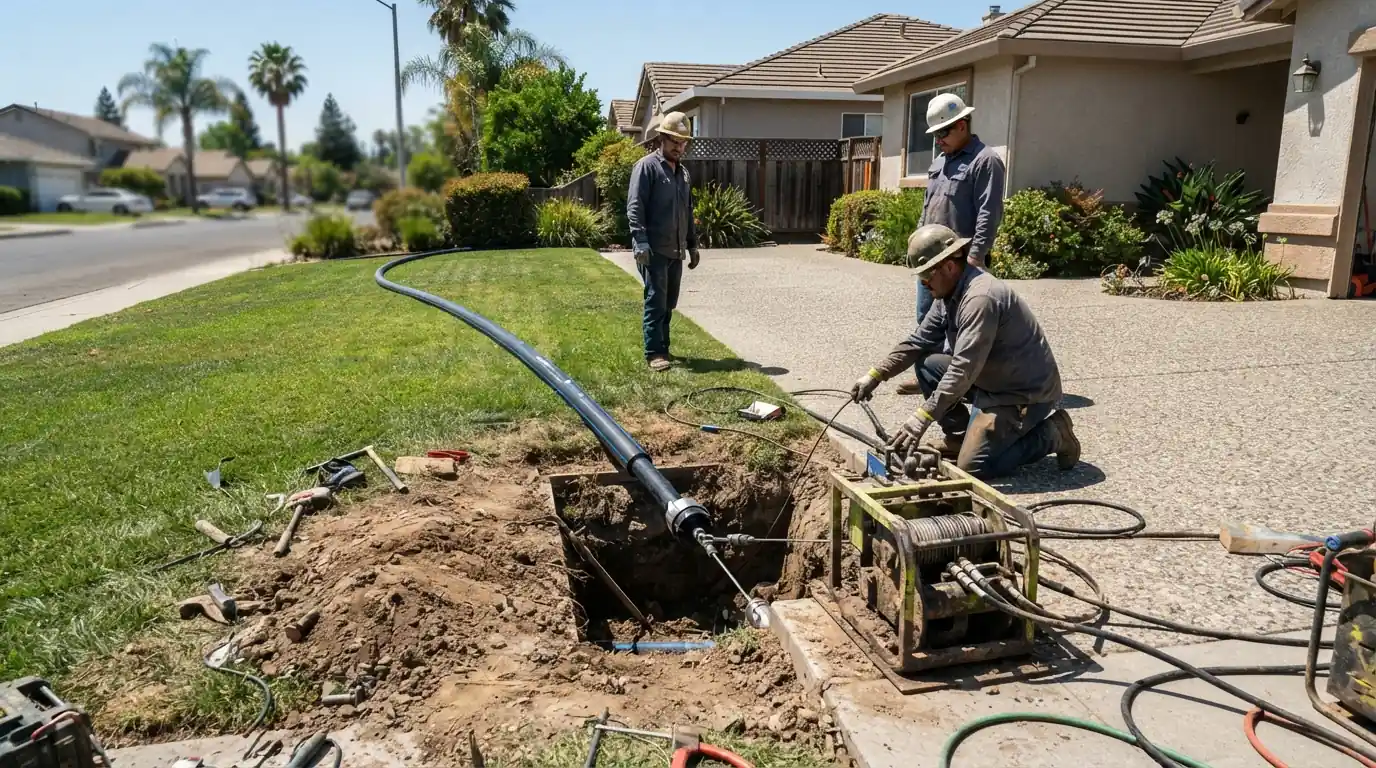 Pipe bursting equipment set in a pit beside a San Jose driveway