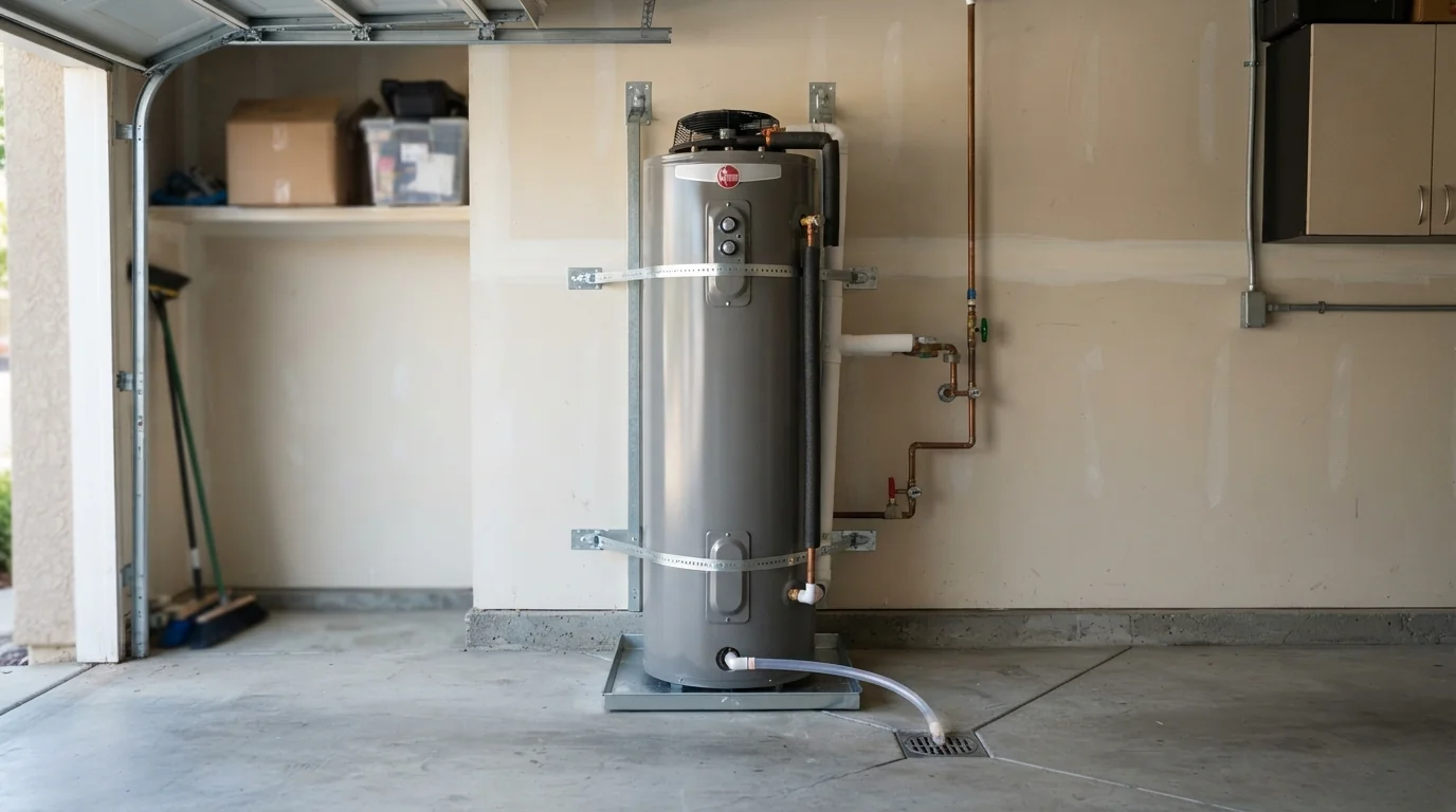 Hybrid heat pump water heater installed in a San Jose garage