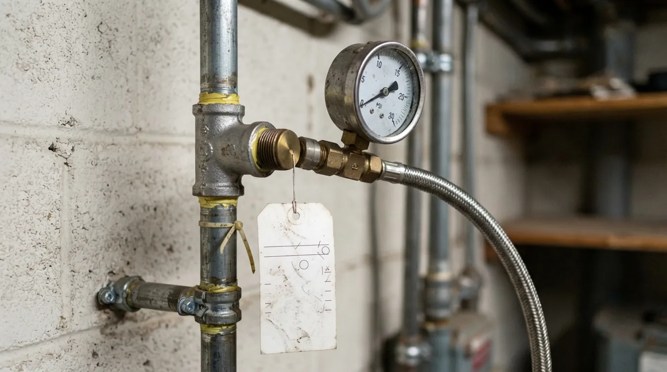 Gas line pressure test gauge on a capped outlet