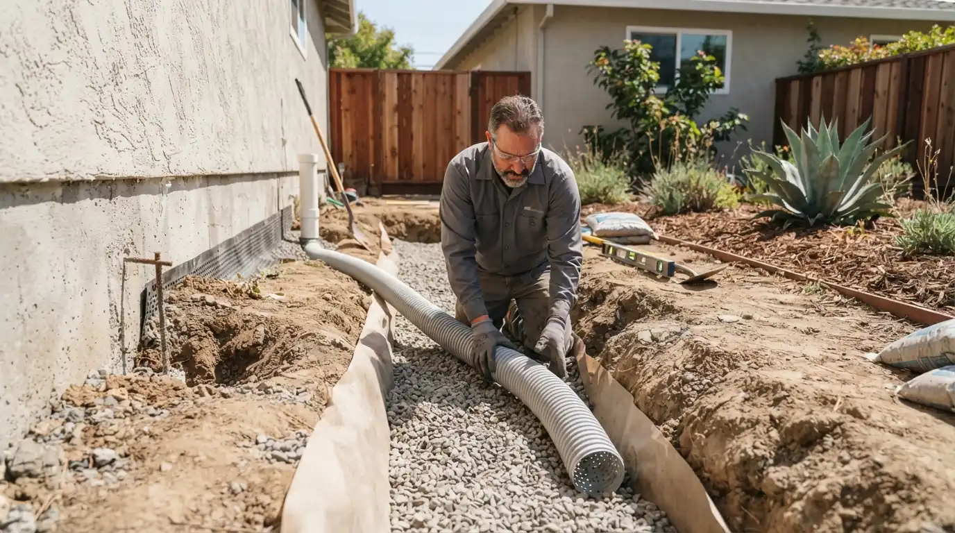 French drain being installed beside a San Jose foundation