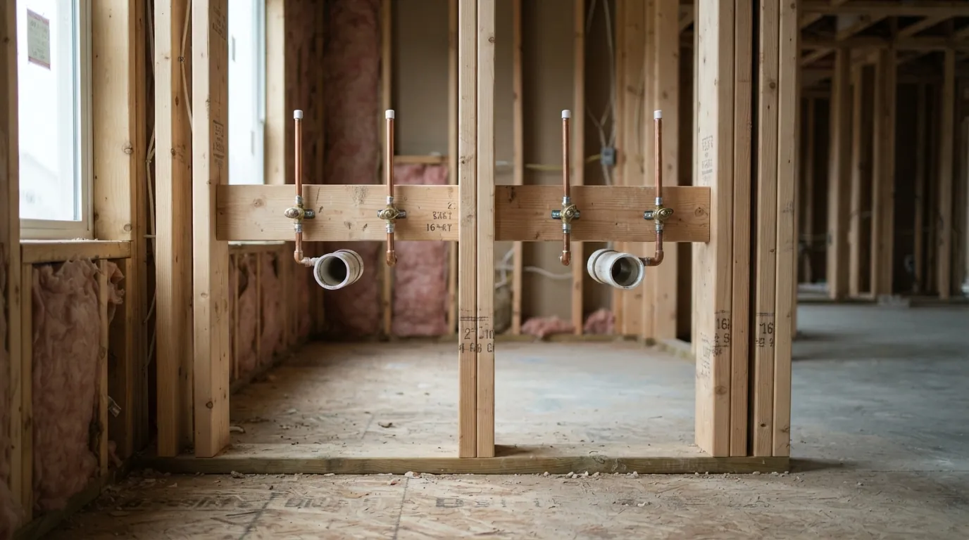 Double vanity rough-in stub-outs in a framed wall